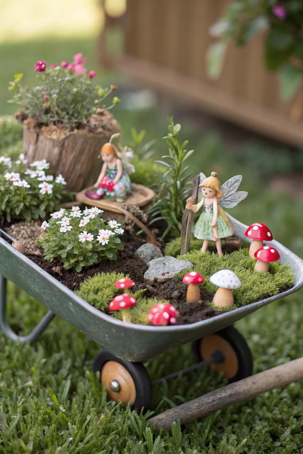 A magical fairy garden nestled in a wheelbarrow.