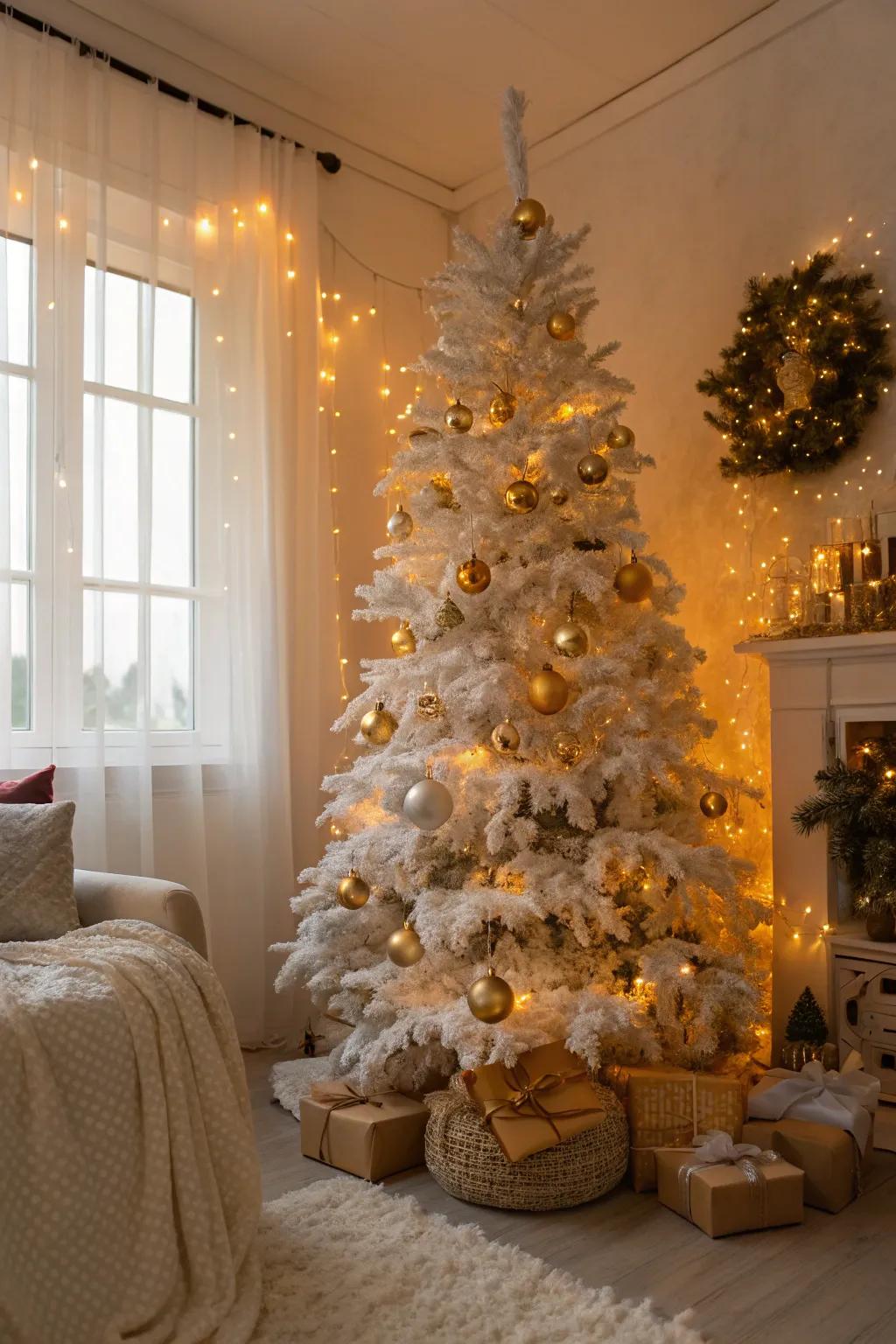 Intimate gilded embellishments on a white Christmas tree.