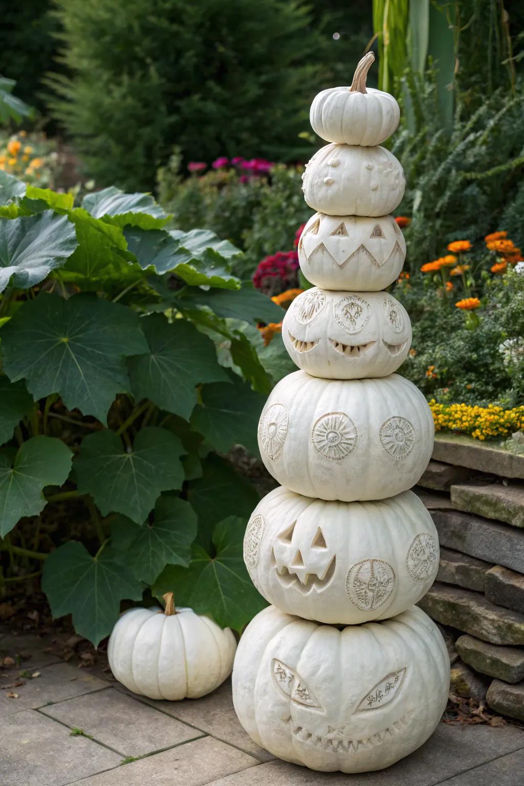 A striking totem of stacked white pumpkins for a dramatic effect.