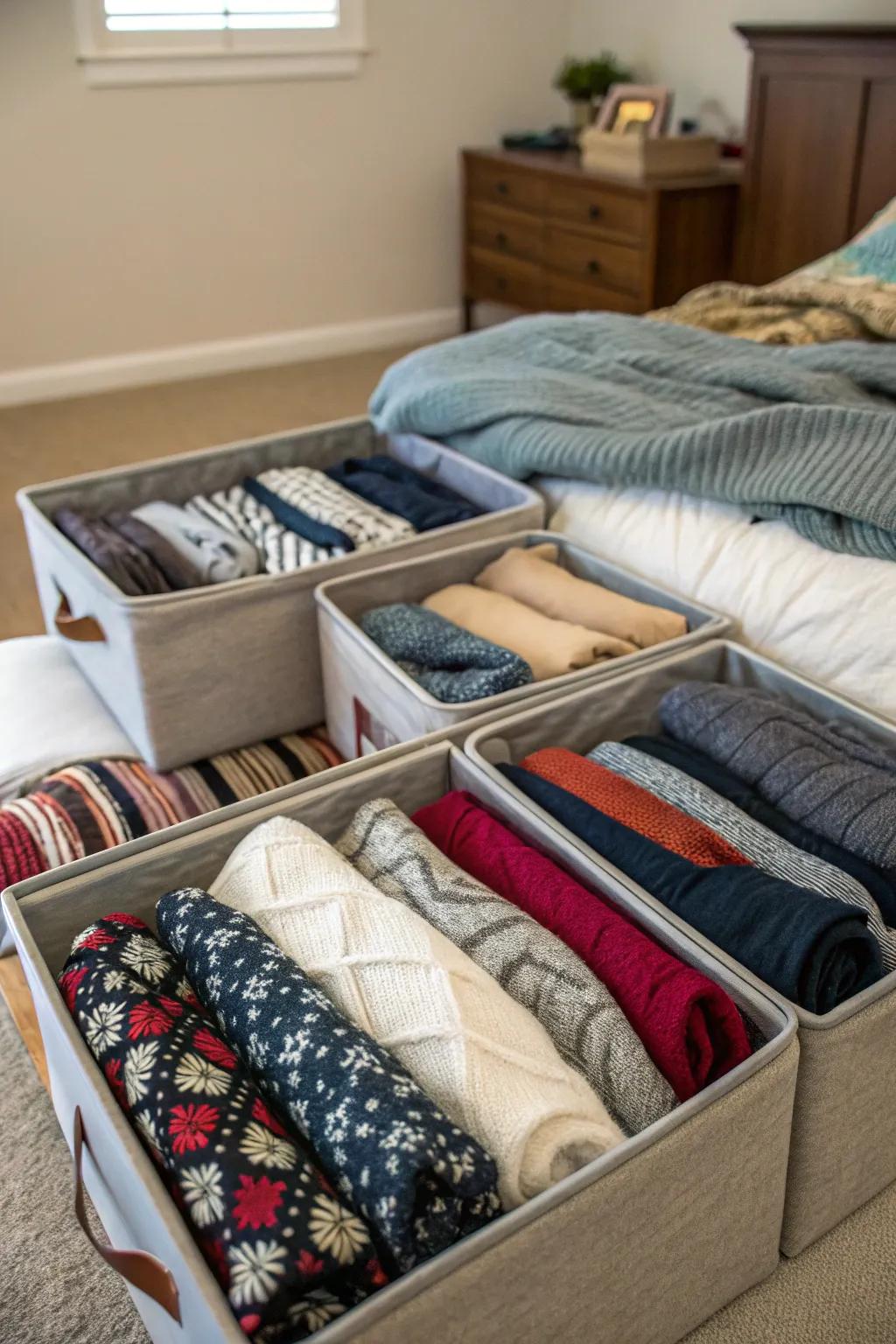 Utilize under-bed space for efficient storage.