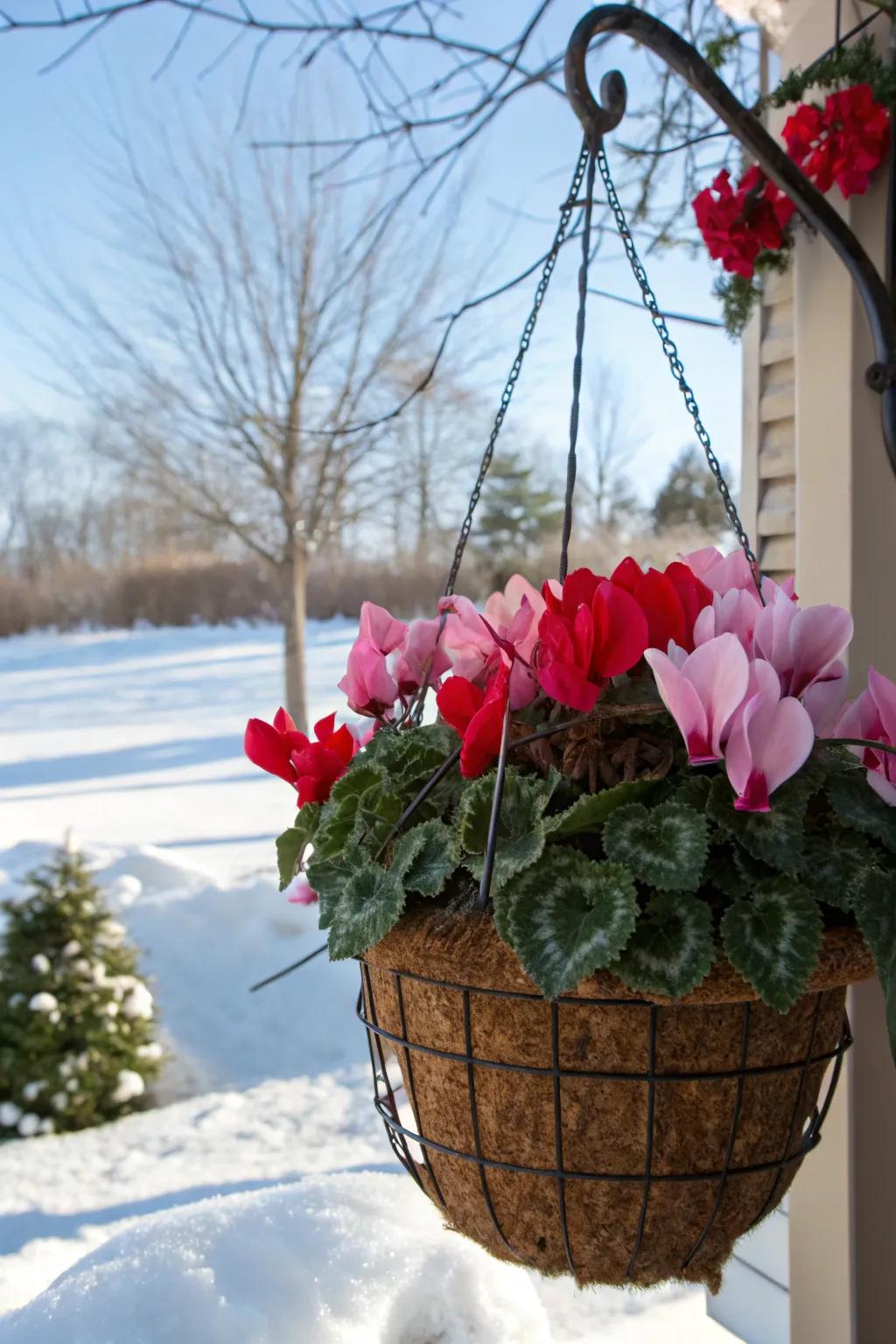 Cyclamen blossoms brighten any winter basket.