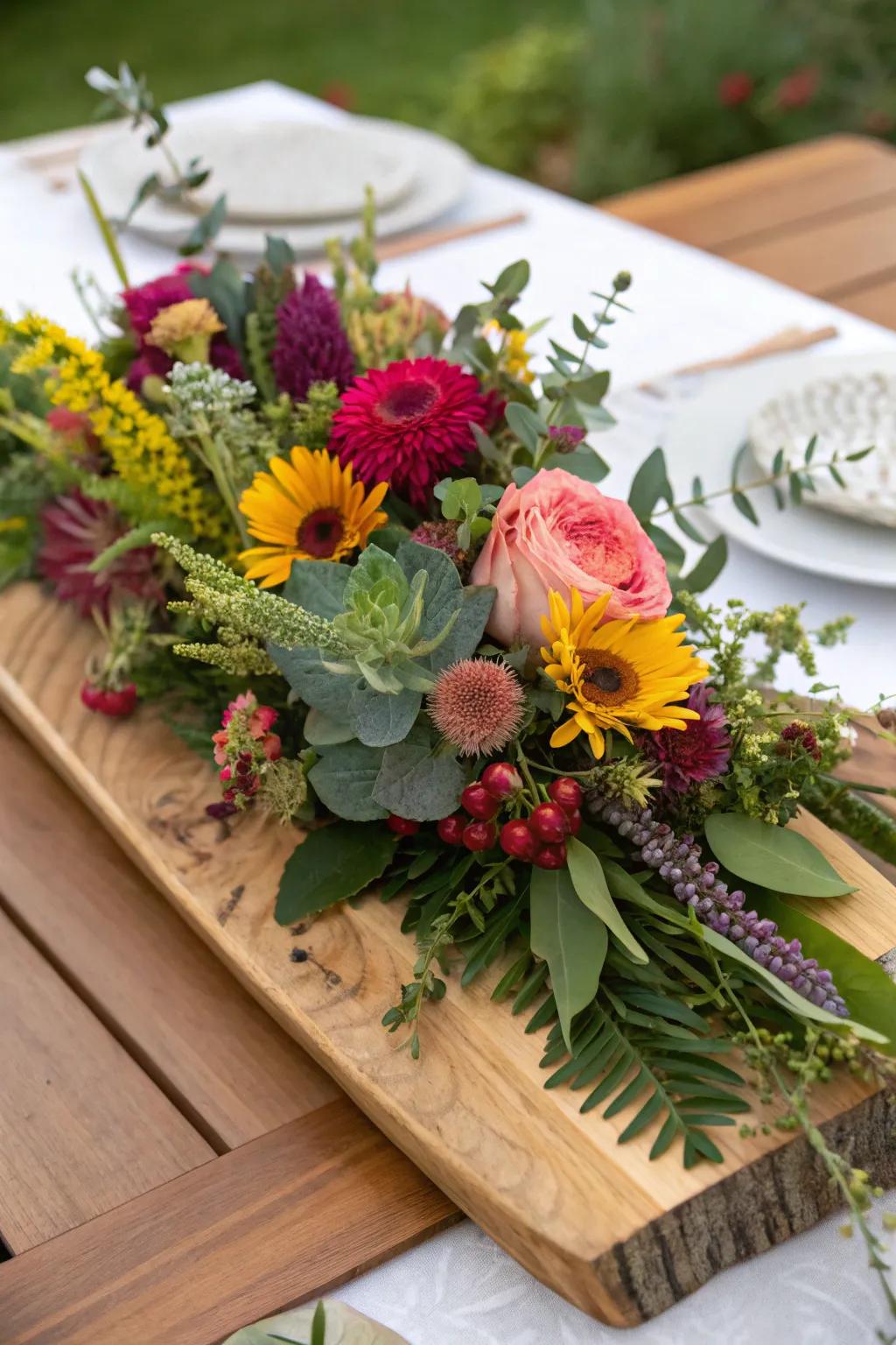 Enhance your floral displays with a wooden board base.