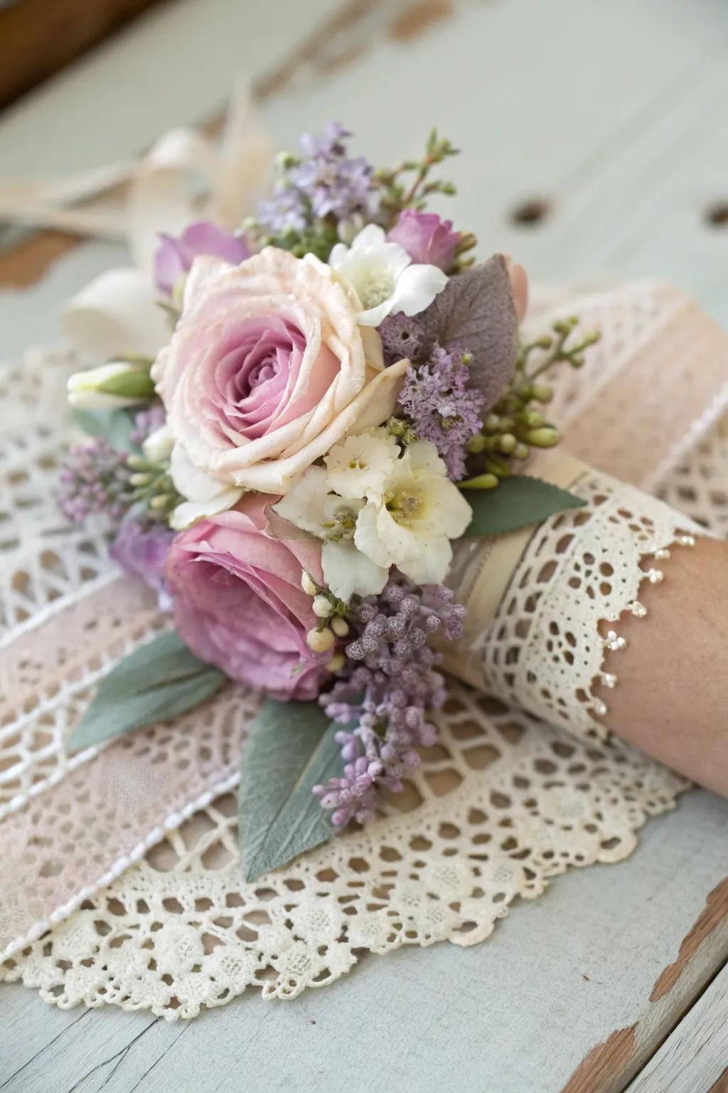 Vintage lace wrist corsage with pastel flowers.