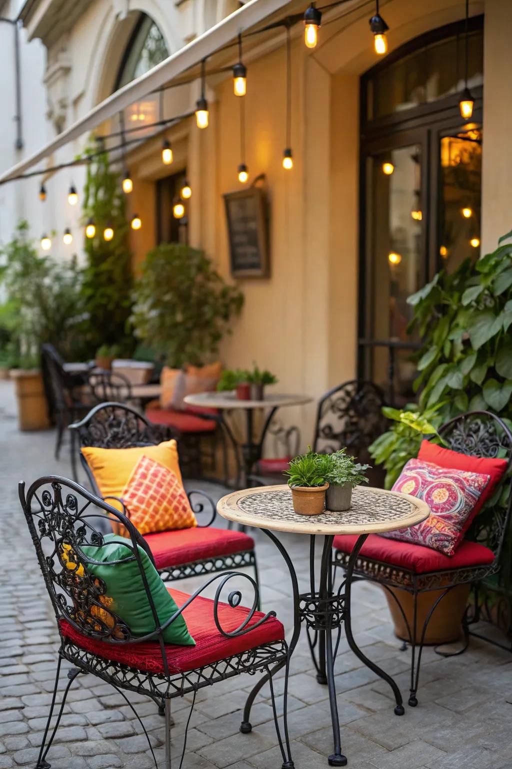 Brighten your patio with a bold bistro set featuring vibrant cushions.