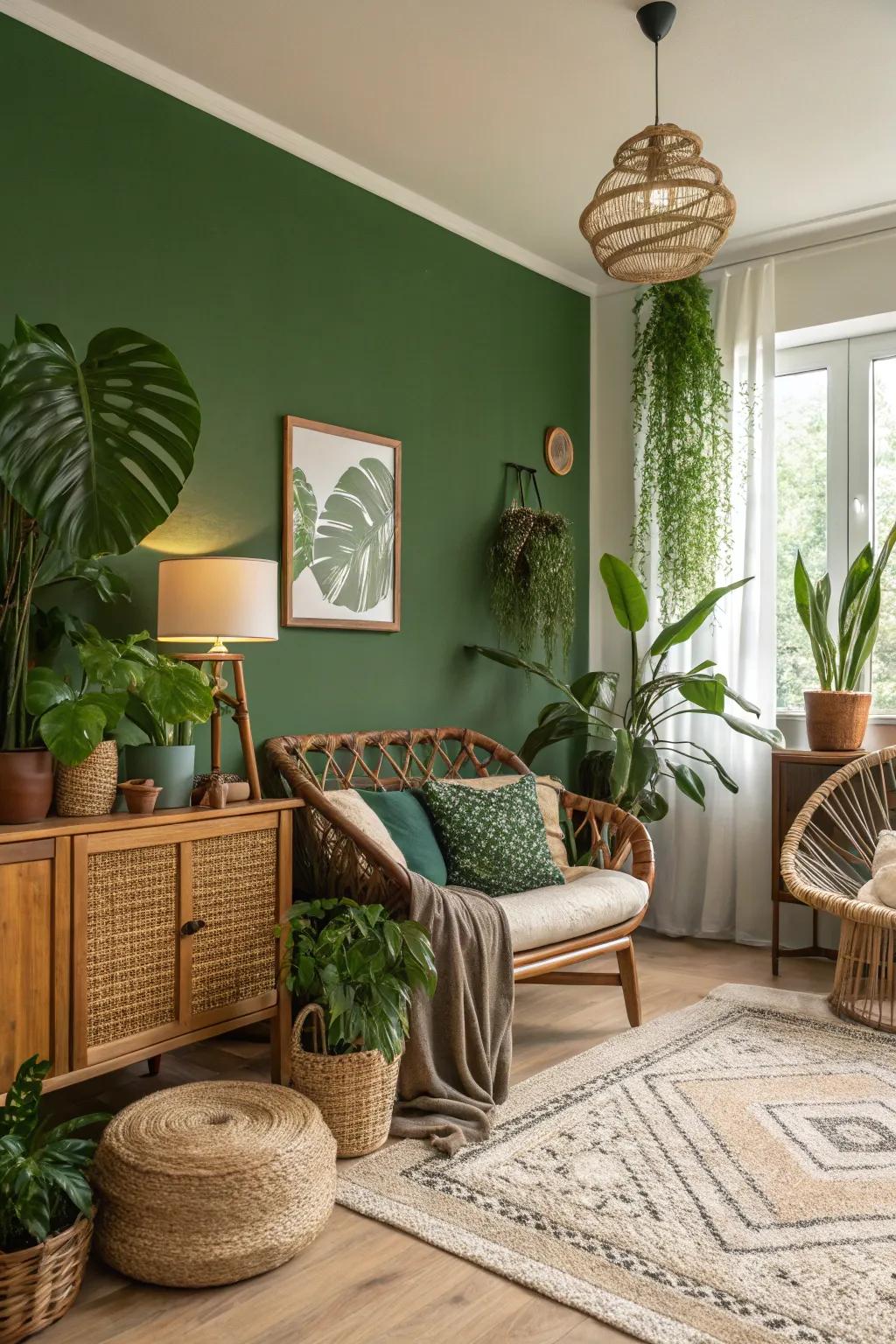 A refreshing living room with a nature-inspired green accent wall.