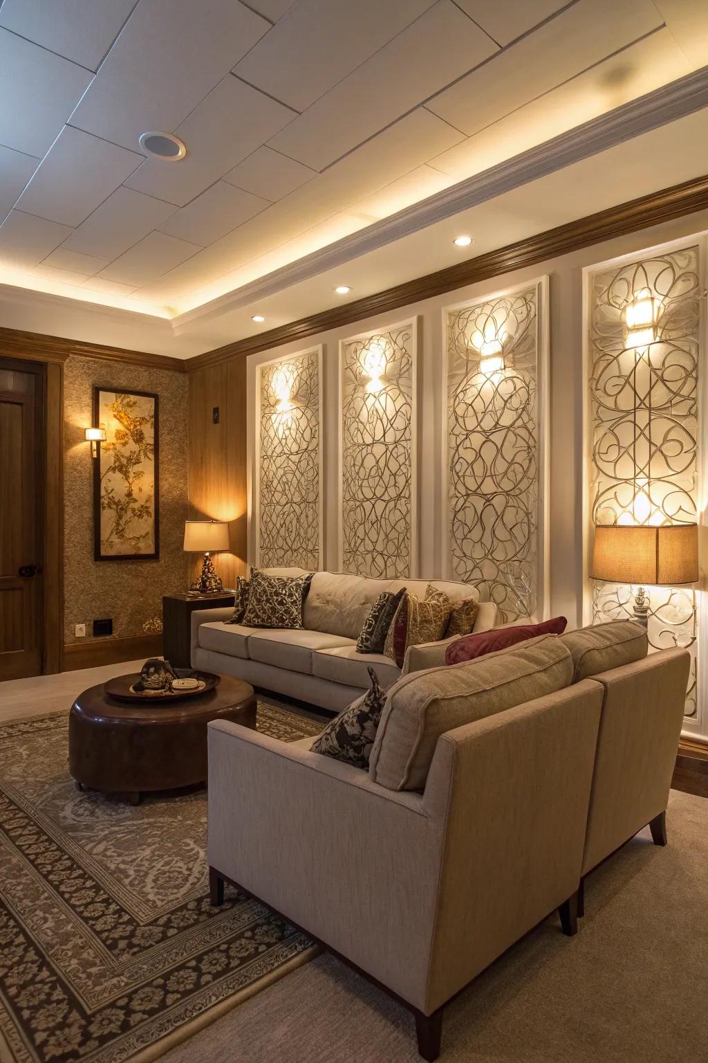 A living room with accent wall panels and integrated lighting.