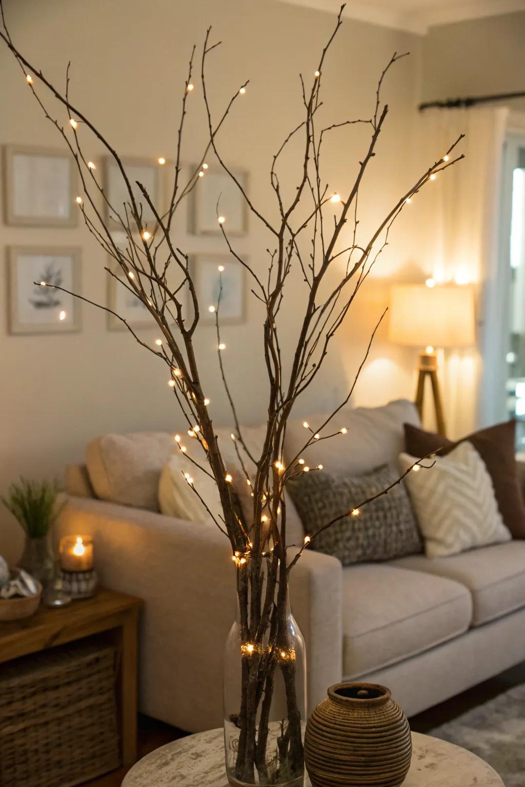 Bare branches with fairy lights for a tranquil look