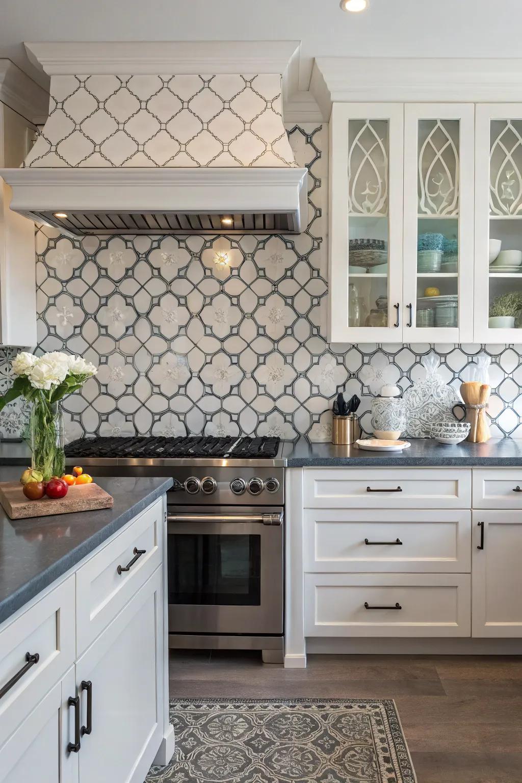A modern kitchen showcases an arabesque tile backsplash with contrasting grout for added flair.