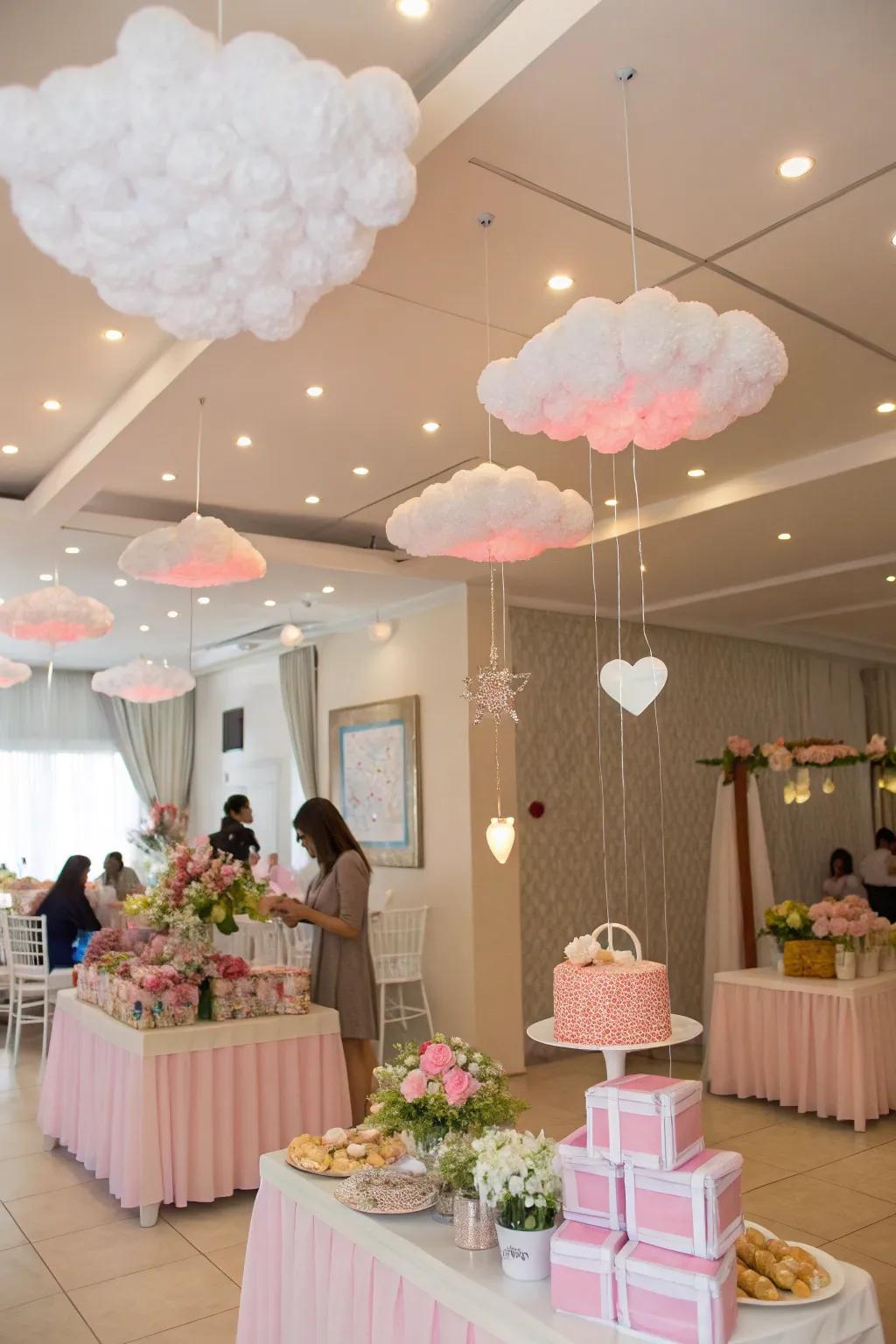 Fluffy cloud decorations hanging from the ceiling create a dreamy atmosphere.