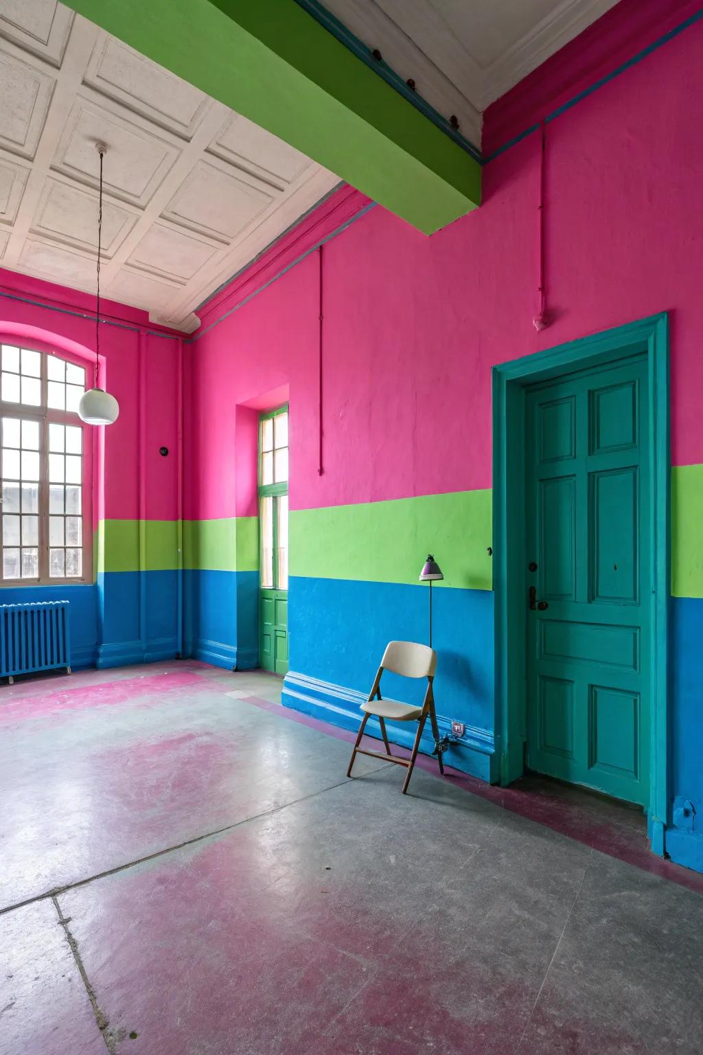 A room featuring a clashing and bold neon color scheme.