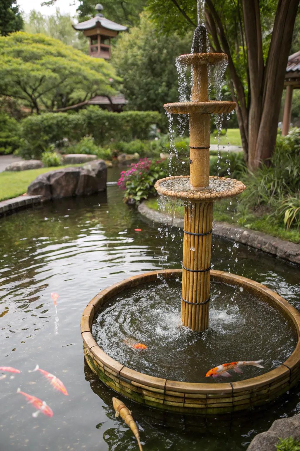 An enchanting floating bamboo fountain graces a tranquil pond.