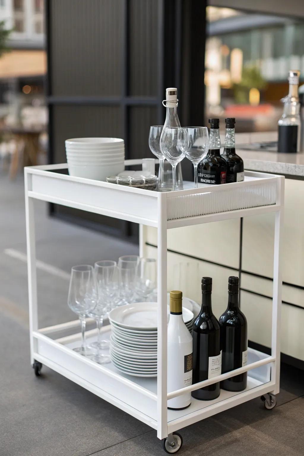 A minimalist bar cart with sleek and modern appeal.