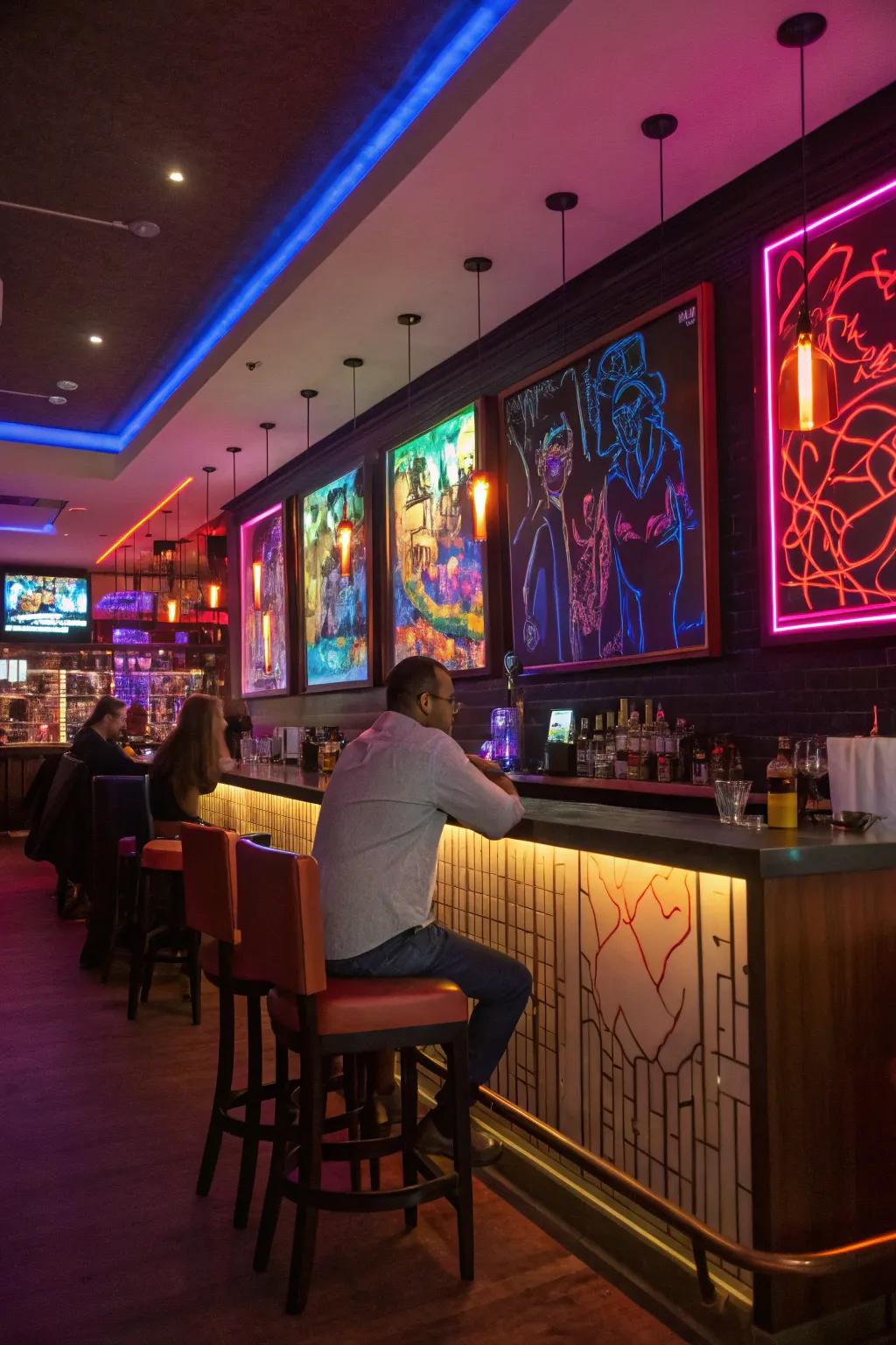 Neon-inspired art brings an energetic glow to your bar.