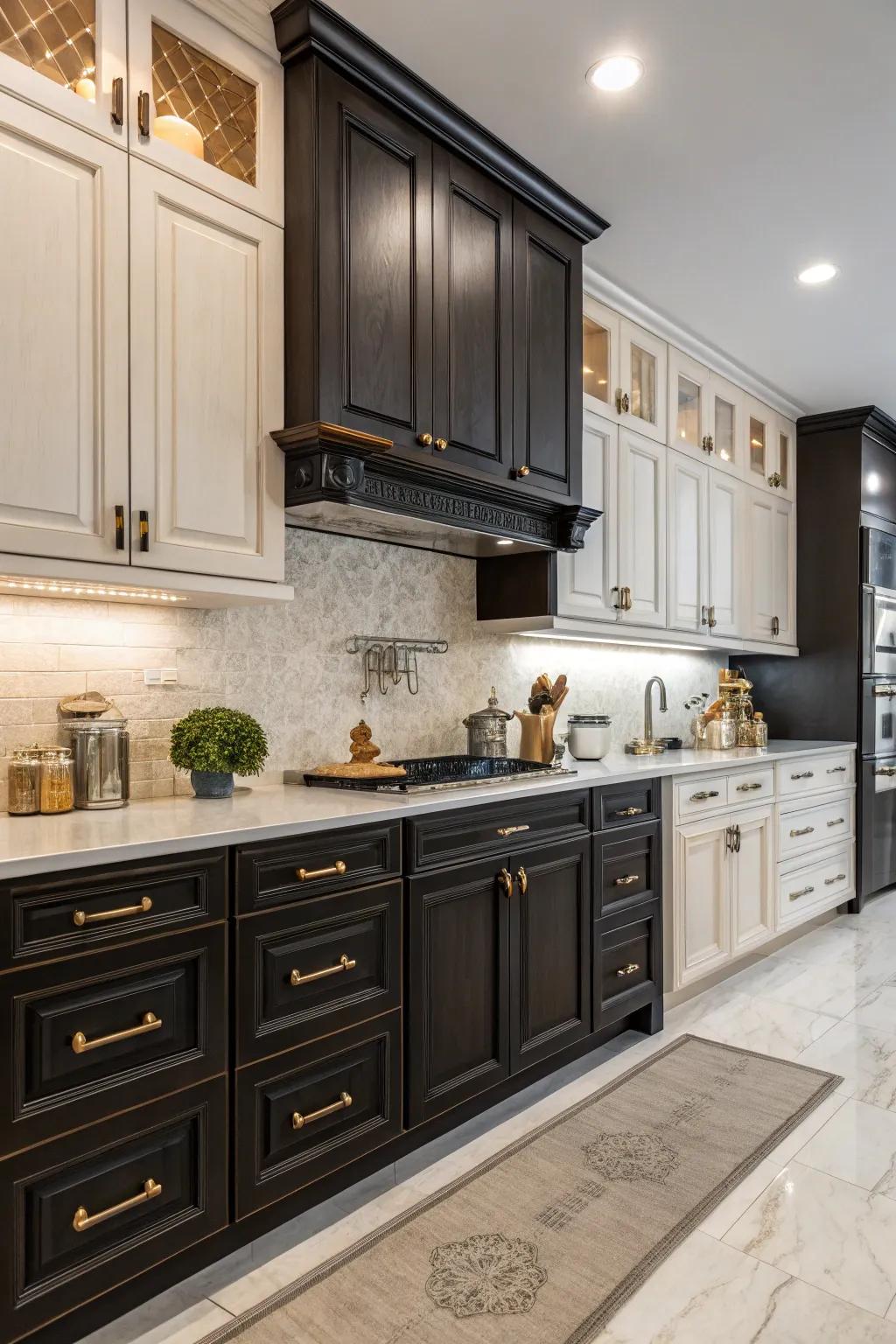 Contrasting cabinet finishes create visual interest.