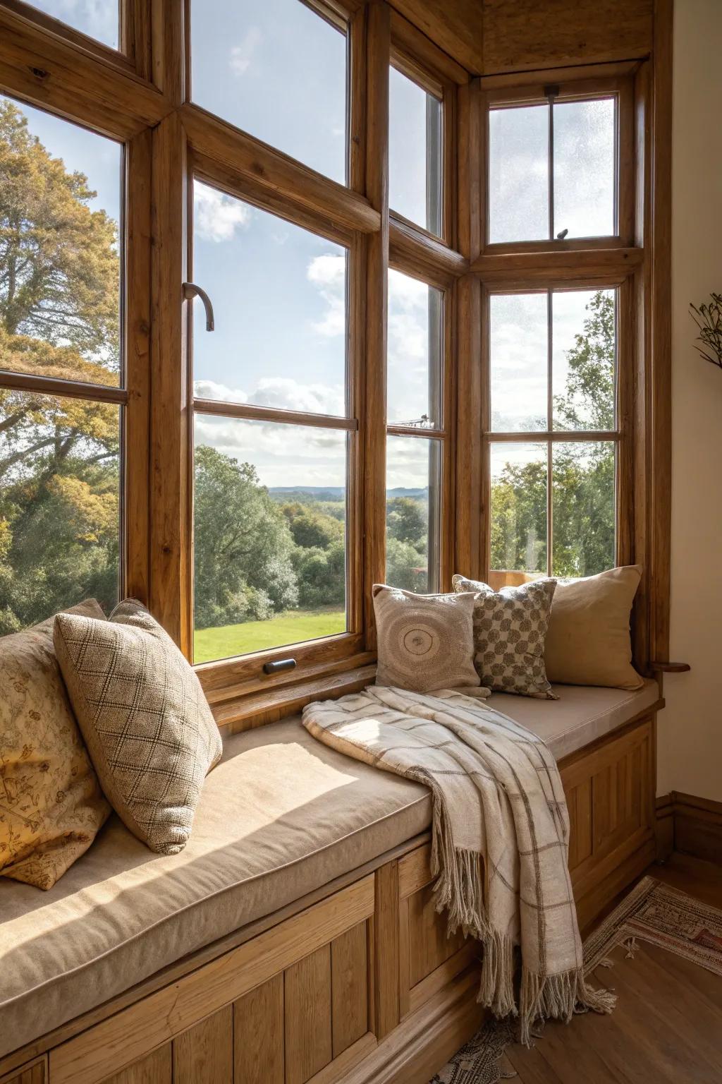 Bring rustic warmth to your bay window with earthy and natural-textured cushions.