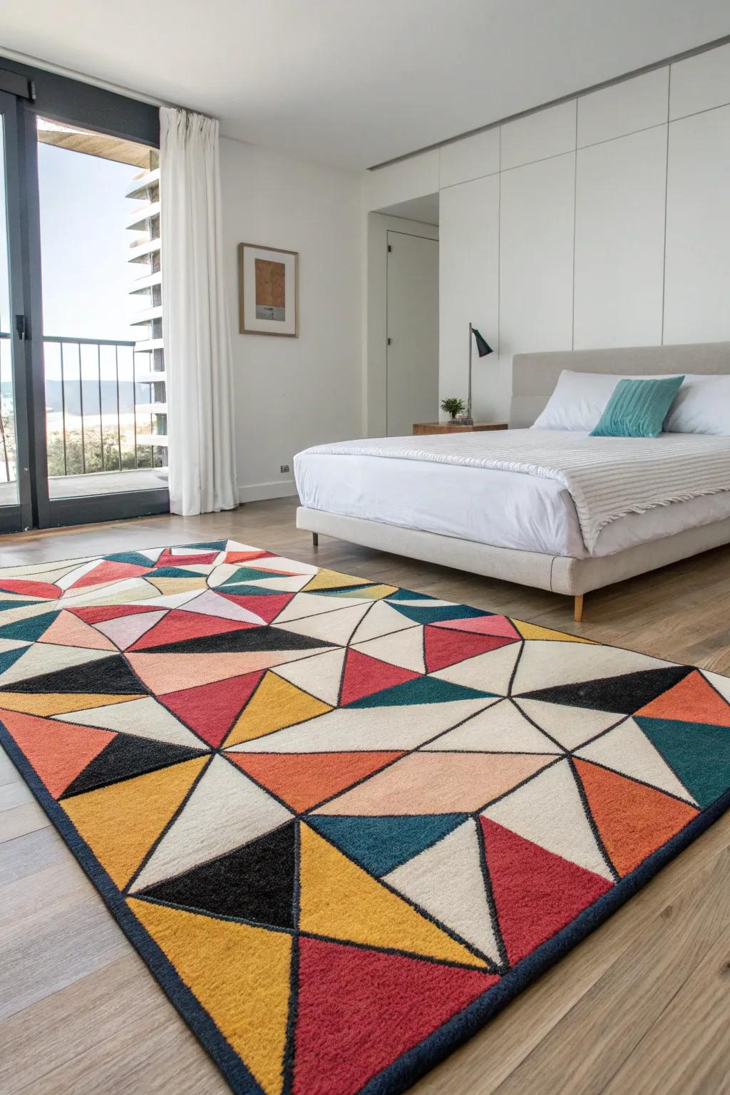 Geometric rugs bring a modern edge to bedroom design.