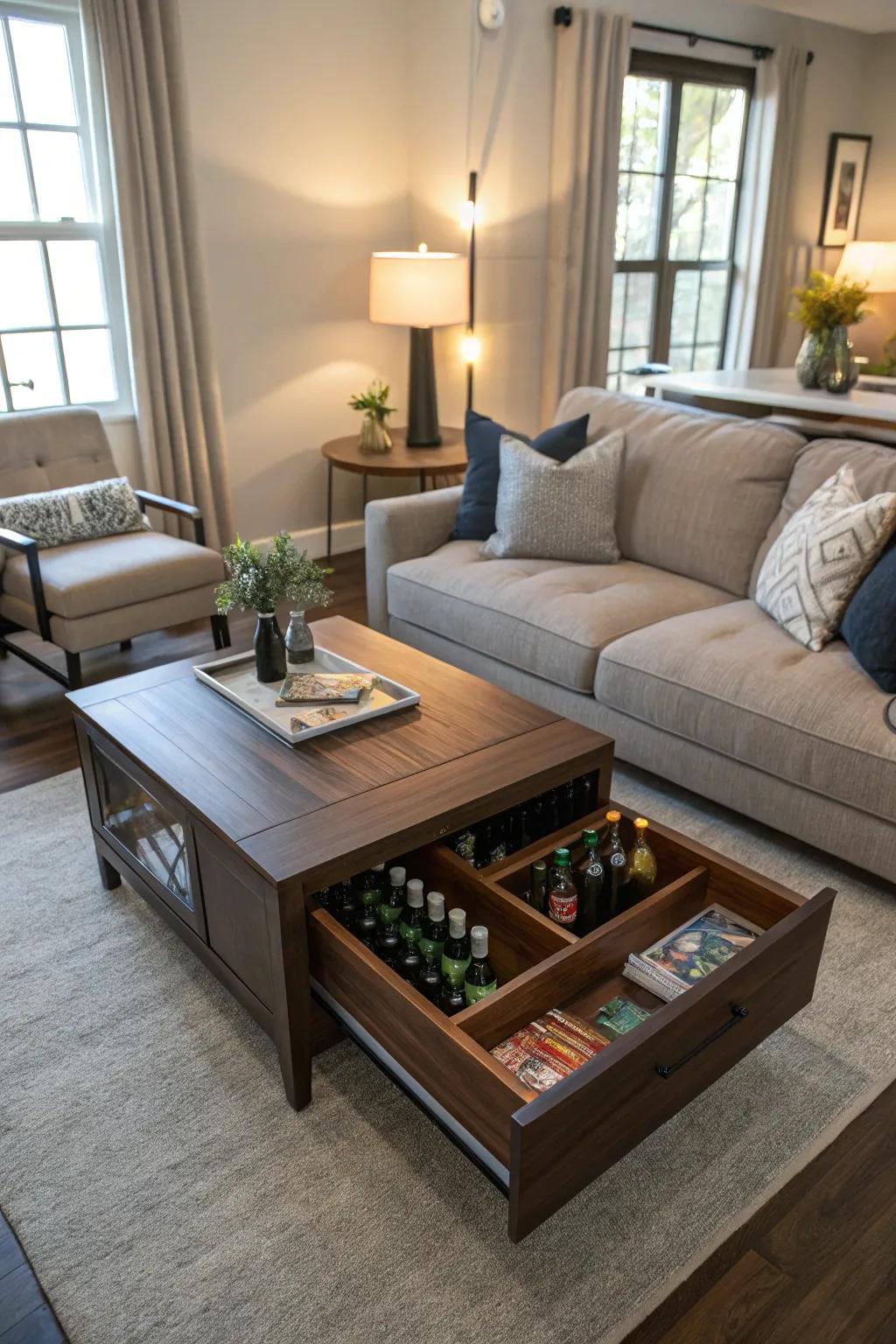 A convertible coffee table in the living room with hidden beer bottle storage.