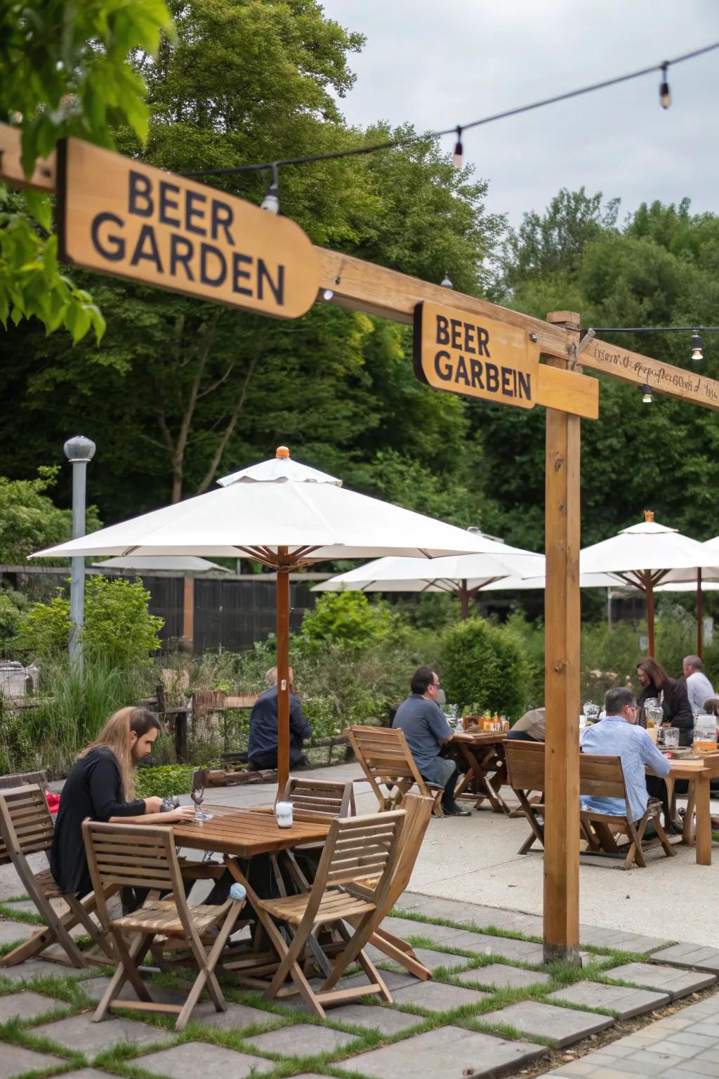 Outdoor beer garden signs create a welcoming vibe.