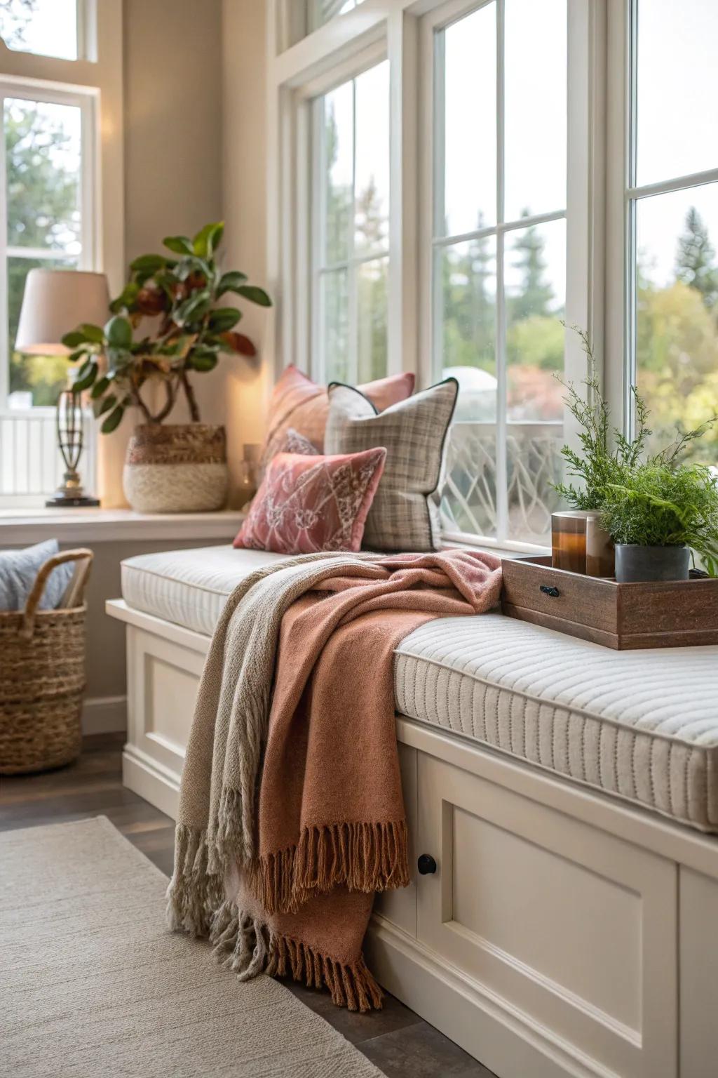 A throw blanket over cushions adds warmth and texture to your bench.