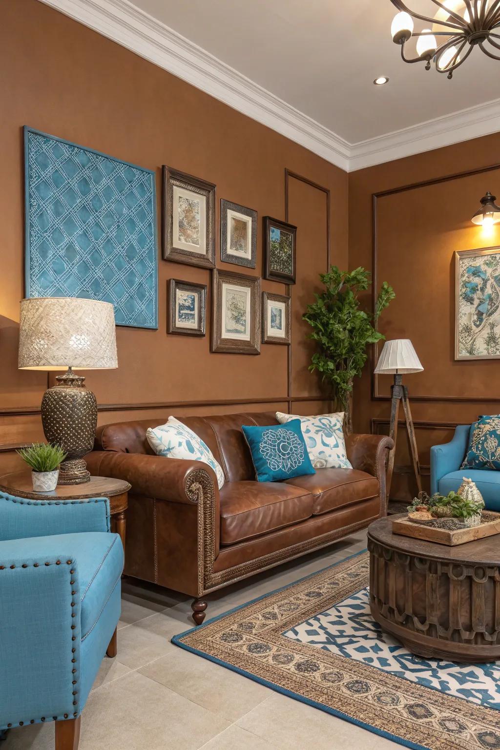 A harmonious blend of brown and blue for a tranquil space.