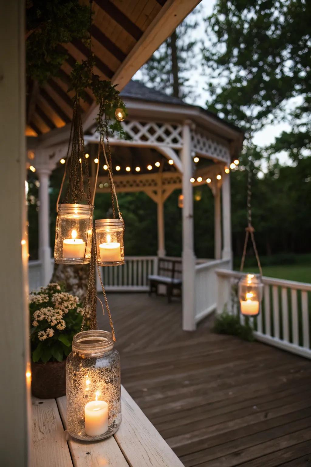 Mason jar lights append a pastoral charm to any gazebo.