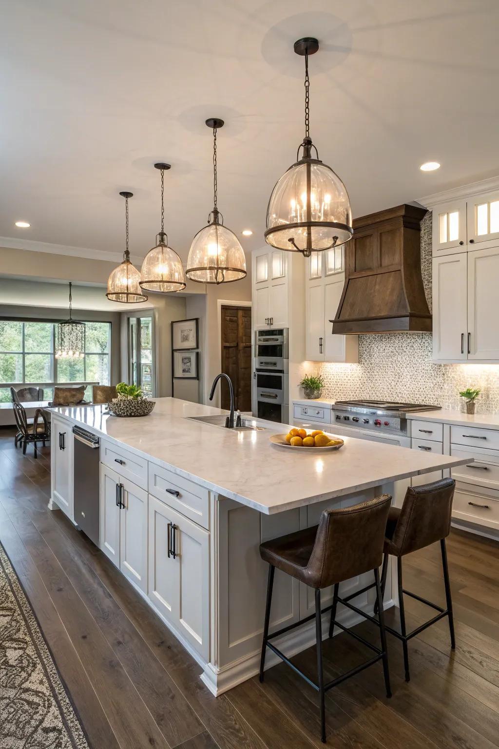 Statement lighting adds elegance to any kitchen.