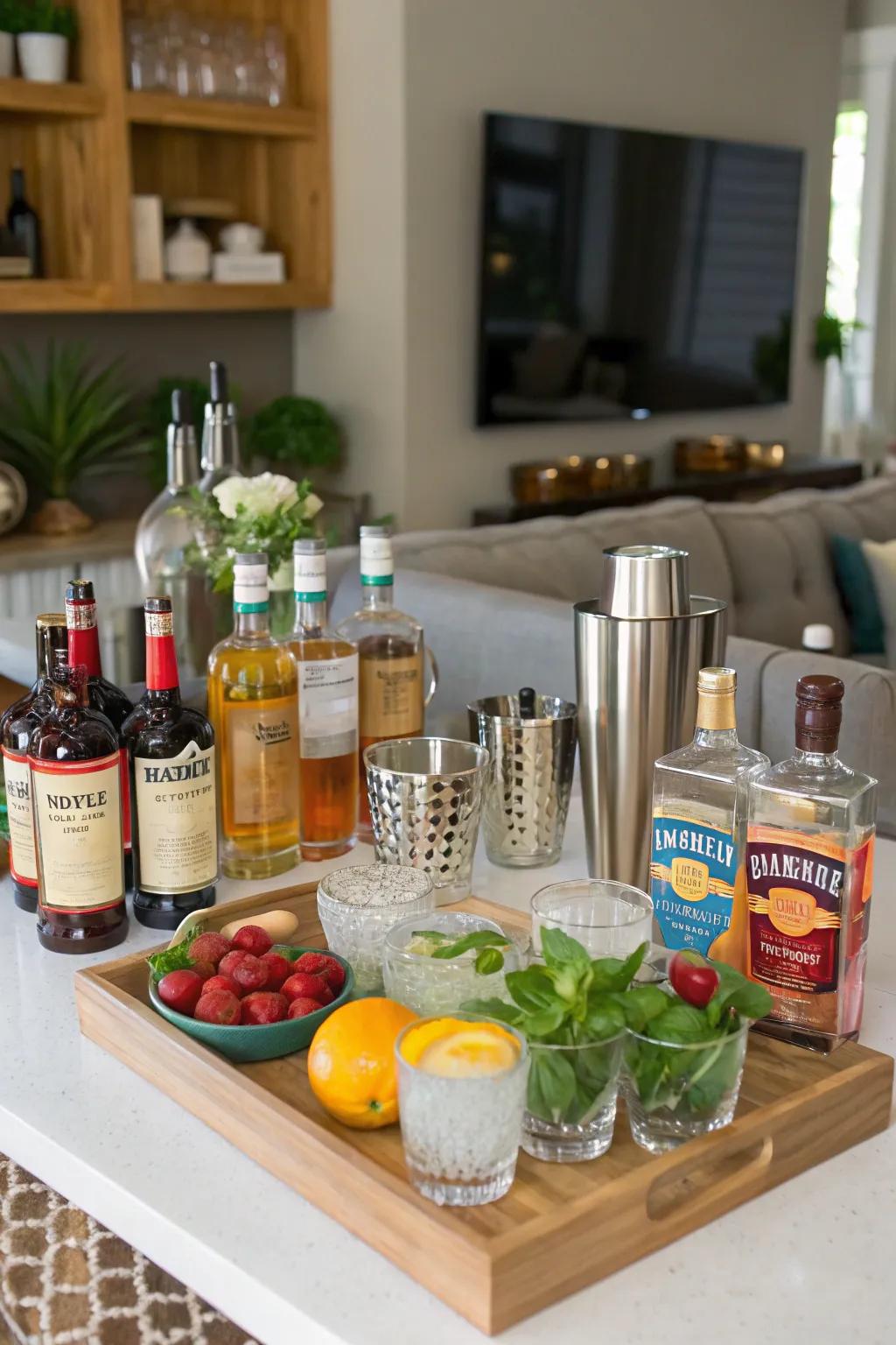 A DIY cocktail bar lets guests craft their own celebratory drinks.