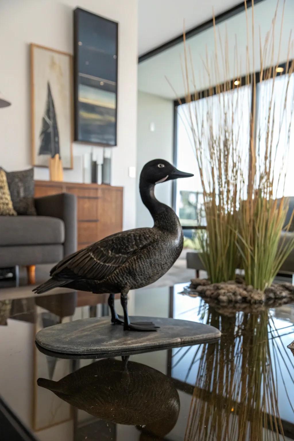 A waterfowl display conceiving a vivacious marshland illusion.