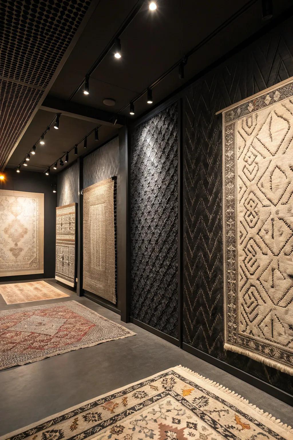 Textured wall coverings and patterned rugs add depth to a black room.