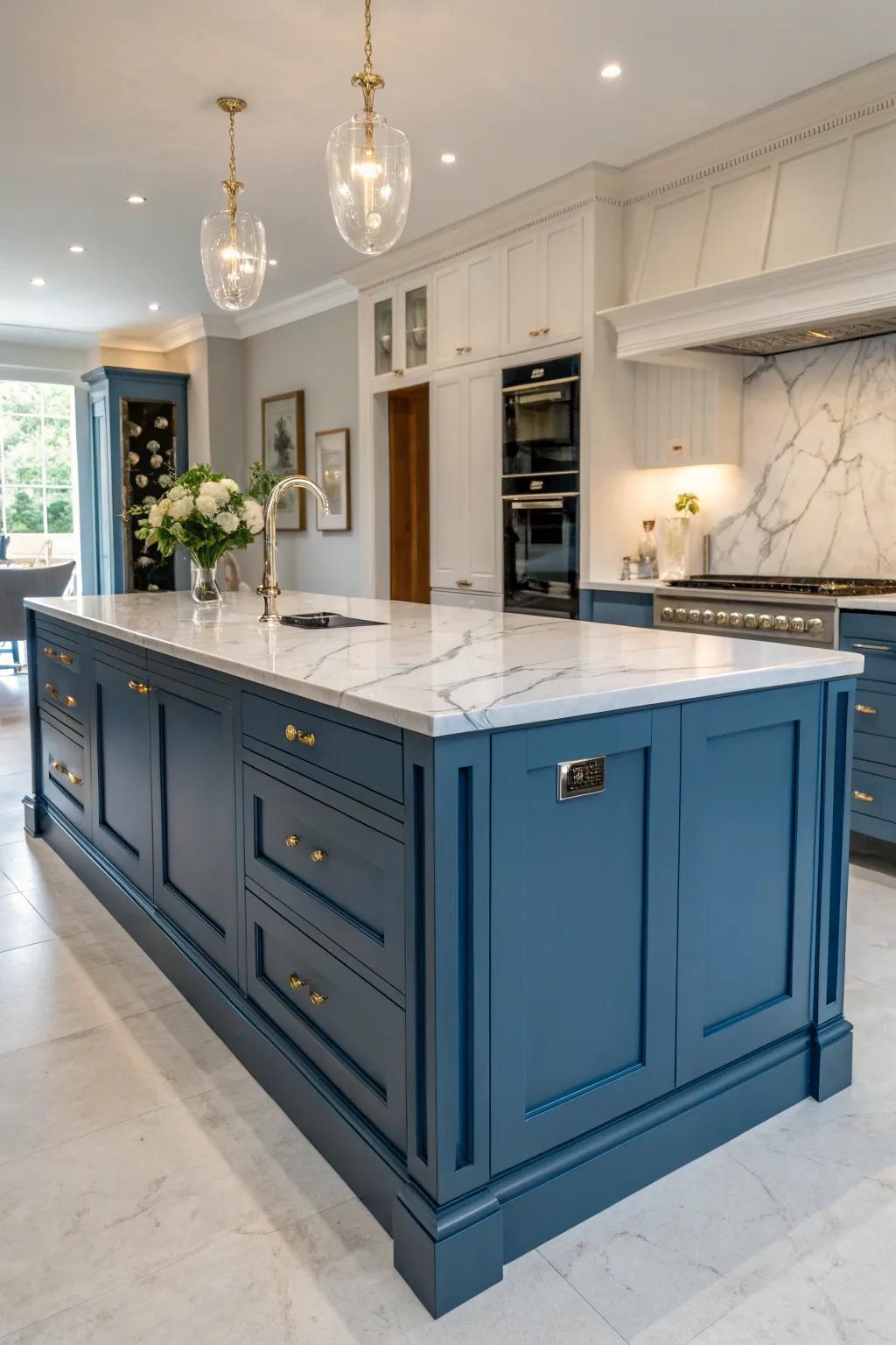 A marble countertop elevates the elegance of the blue kitchen island.