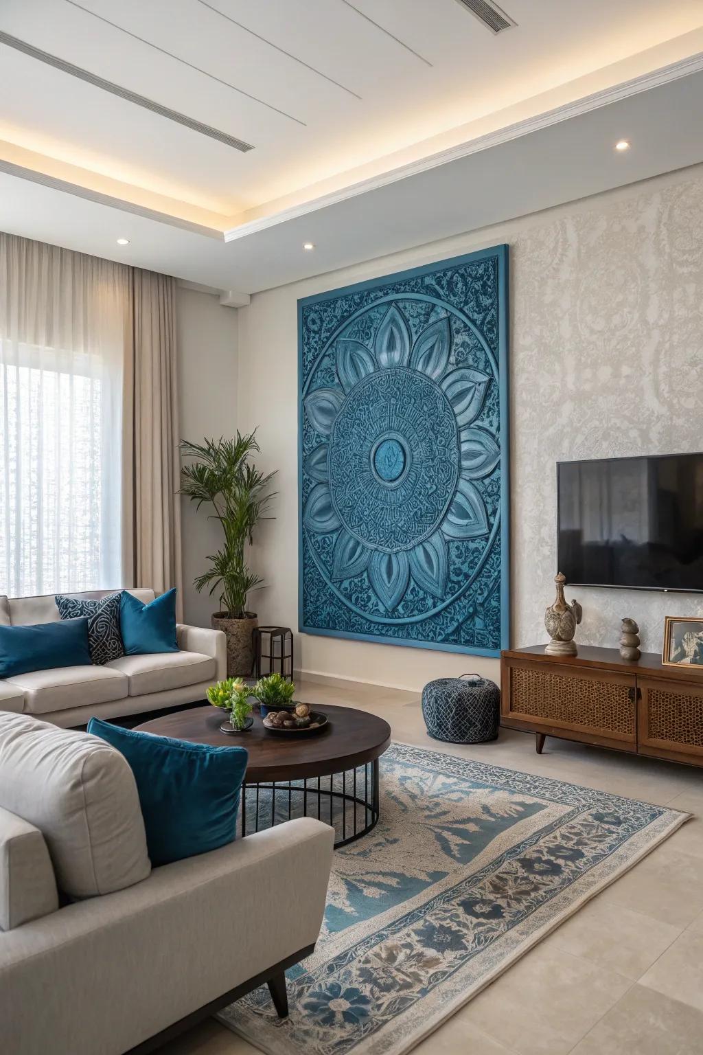 Striking blue wall art serves as a captivating focal point in this modern living room.