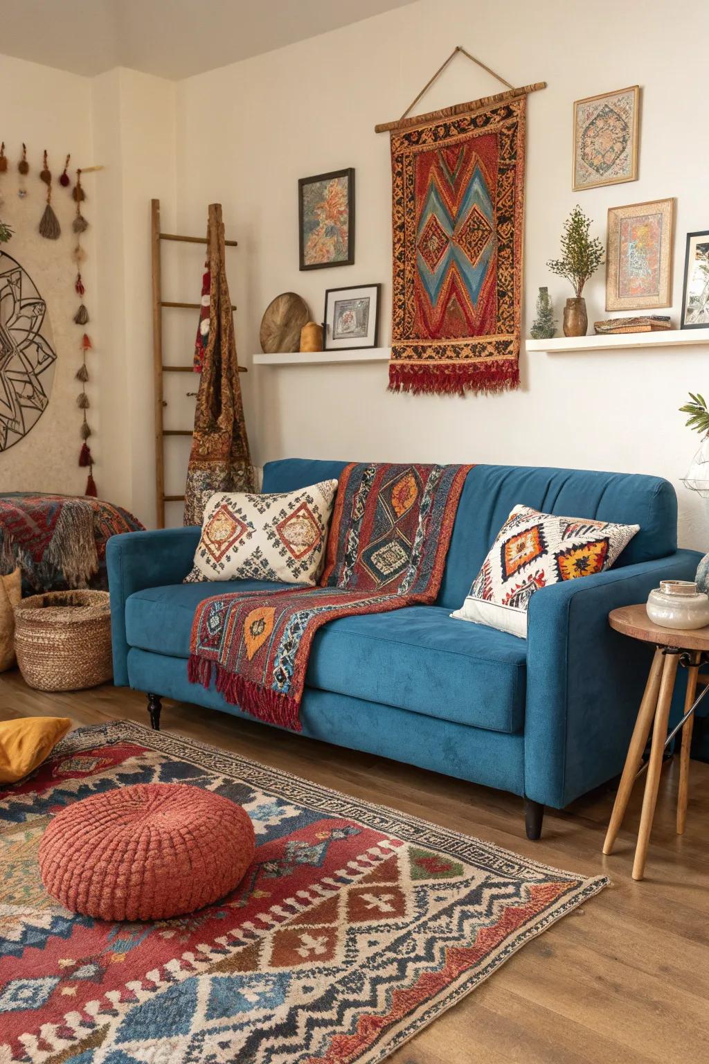 Vibrant patterns add personality to an arrangement with a blue settee.