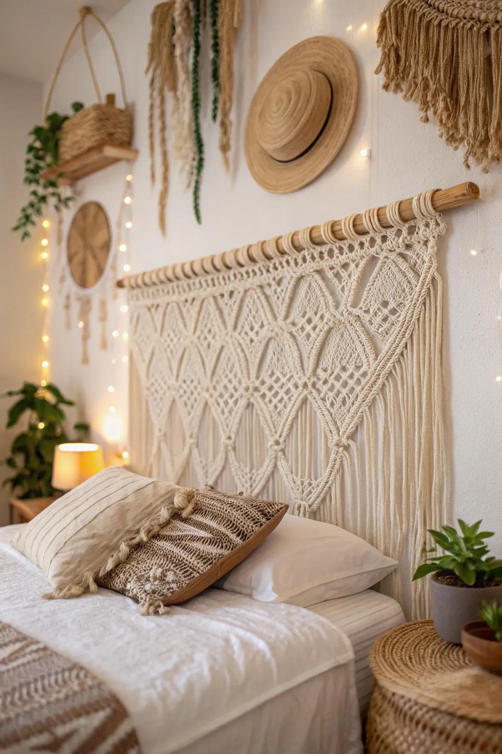 Macramé brings an artisanal touch to this cozy boho bedroom.