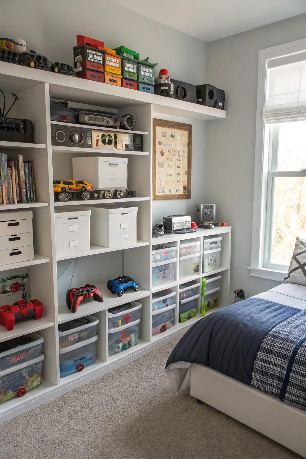 Neatly organized shelves keep gaming accessories in order.