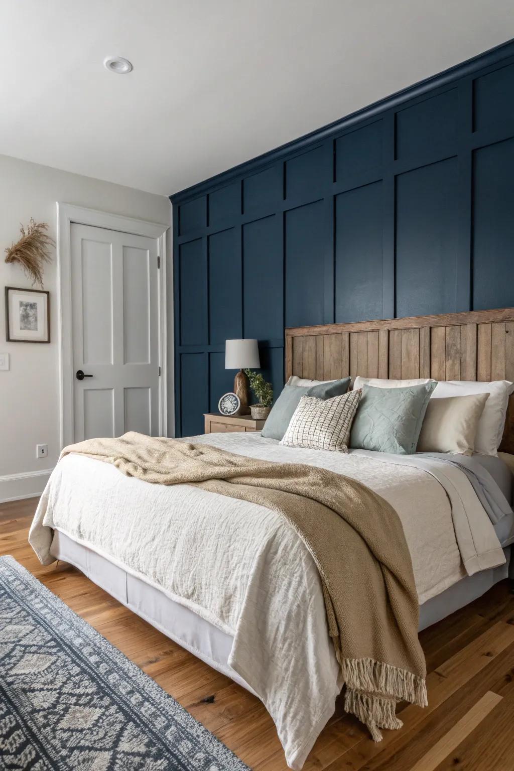 An accent wall adds a pop of color and intrigue to a simple bedroom.