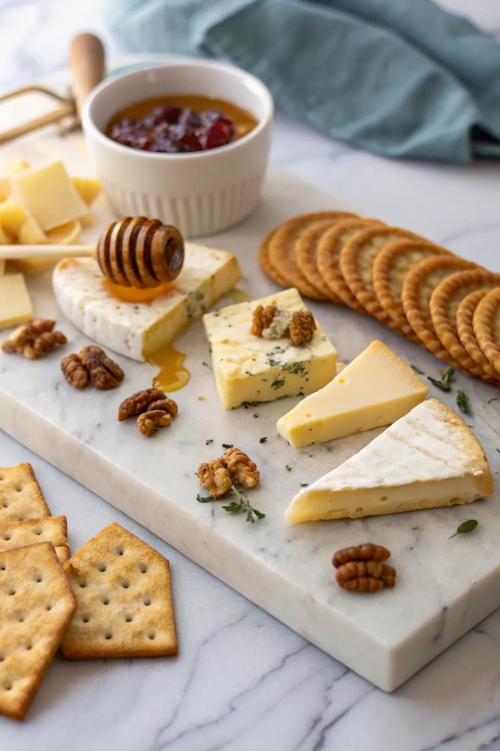 A bee-themed cheese platter for a touch of elegance.