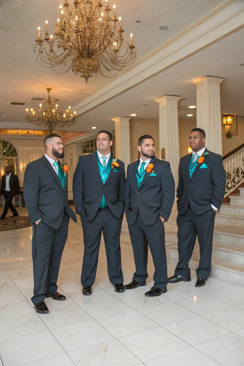 Groomsmen looking sharp in teal and burnt orange.