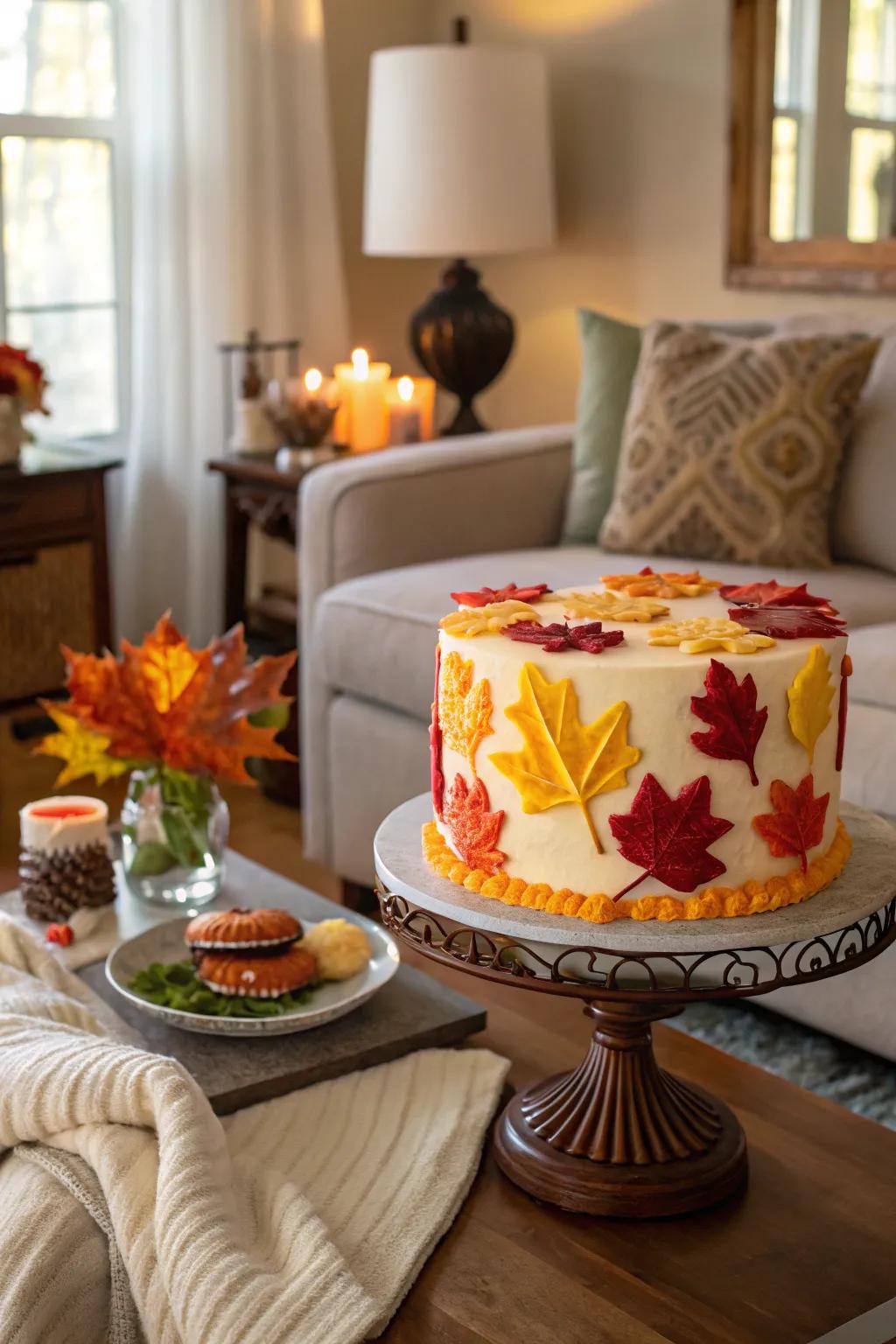 A seasonal buttercream cake with autumnal colors and designs