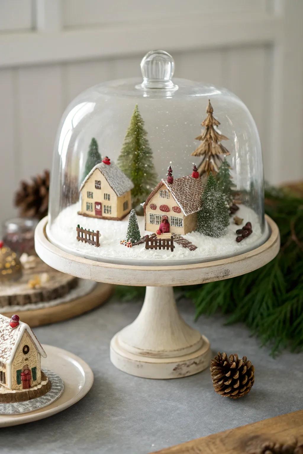 Relate a narrative through a captivating miniature scene beneath glass.
