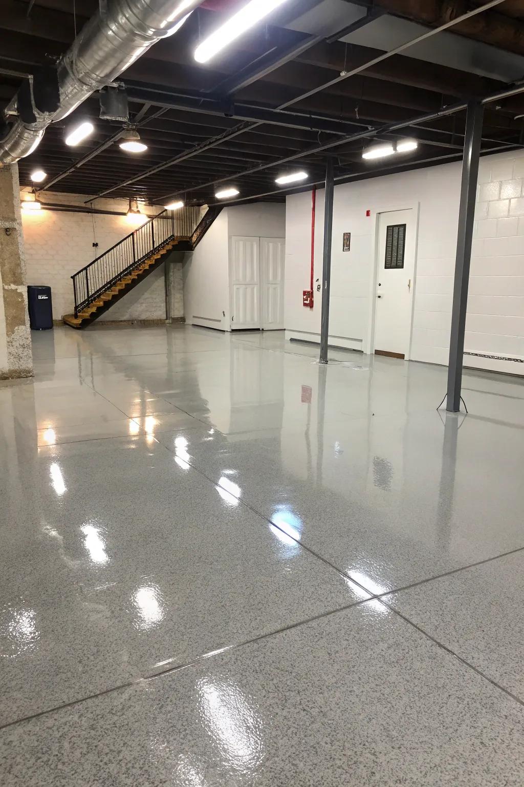 Epoxy coatings provide a durable and glossy finish for high-traffic basement areas.