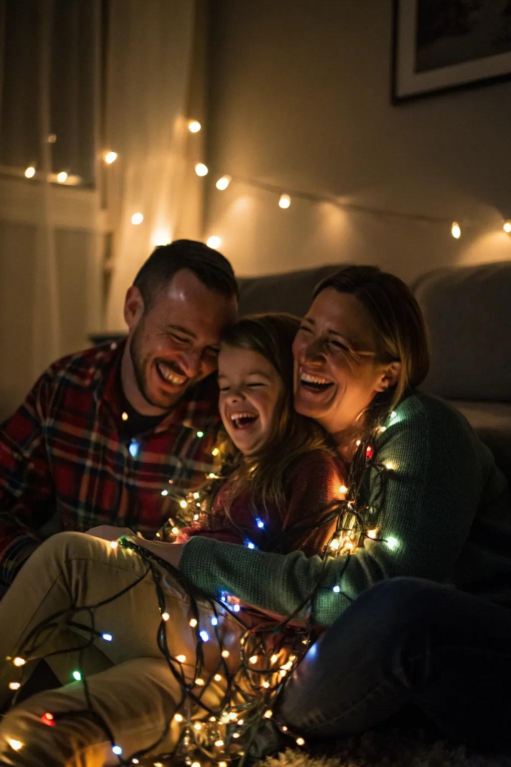 Twinkling lights add magic to family photos.