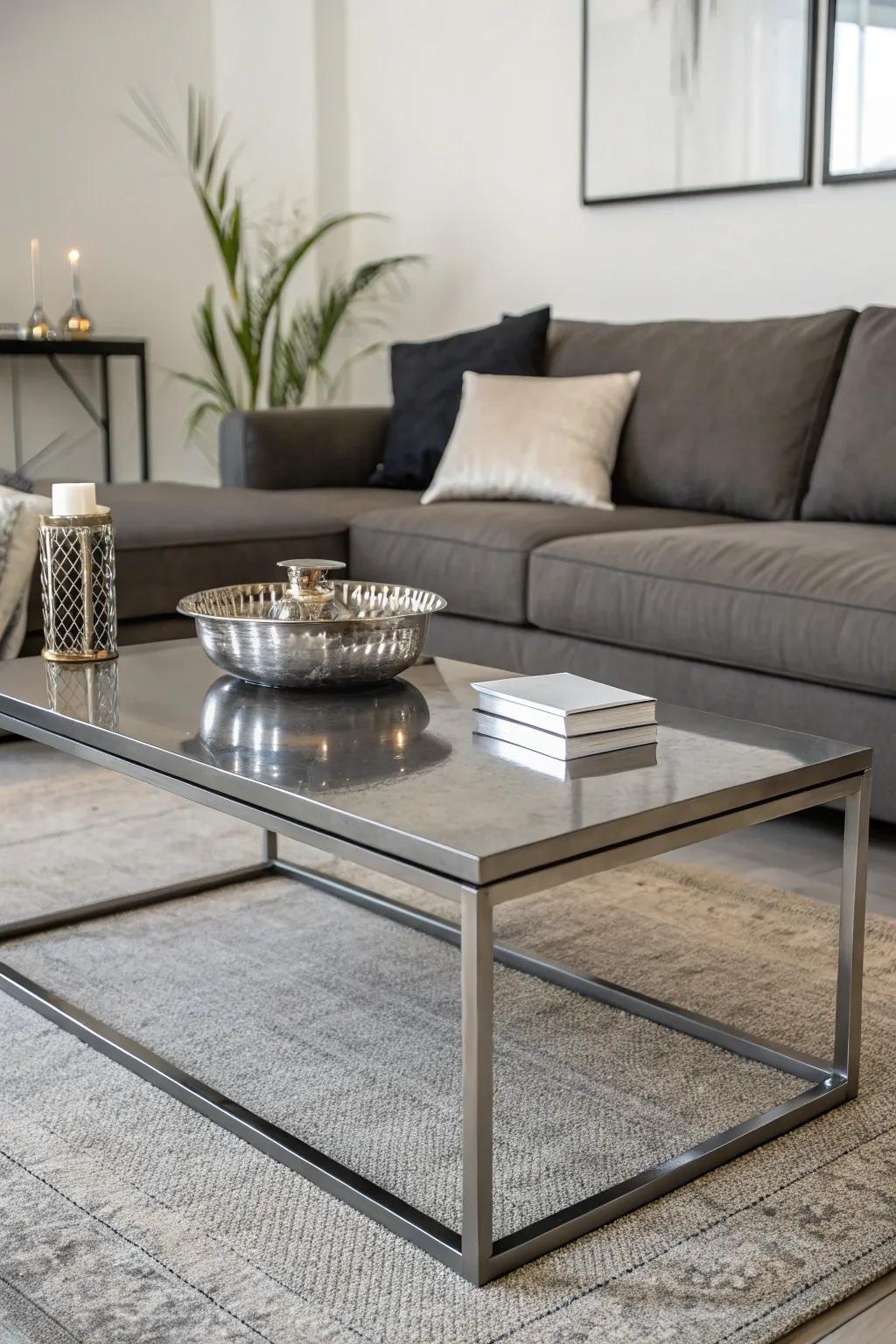 A metal coffee table adds a modern touch, perfectly complementing a minimalist sectional.