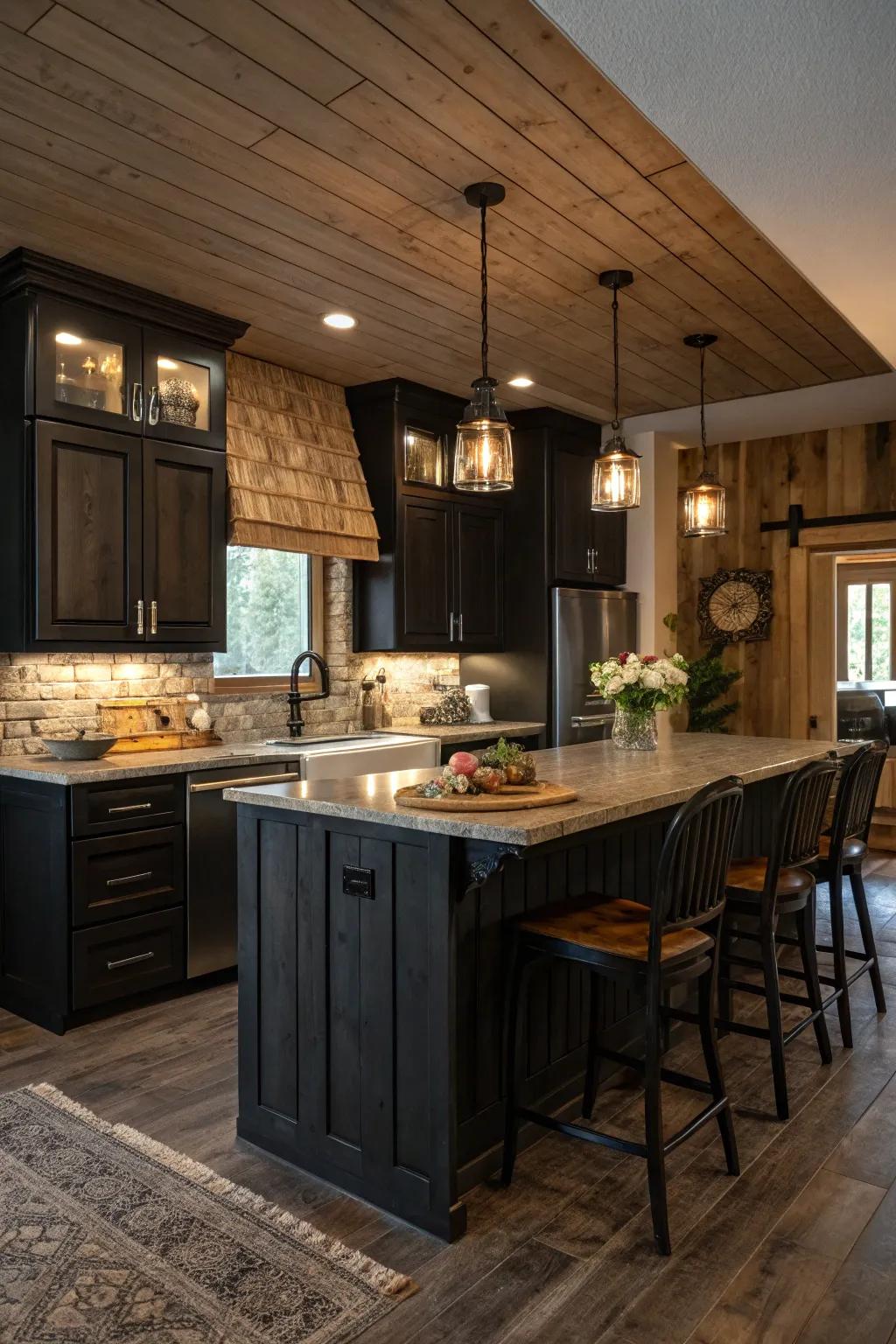 Dark cabinets paired with rustic wood textures offer a warm and inviting kitchen space.