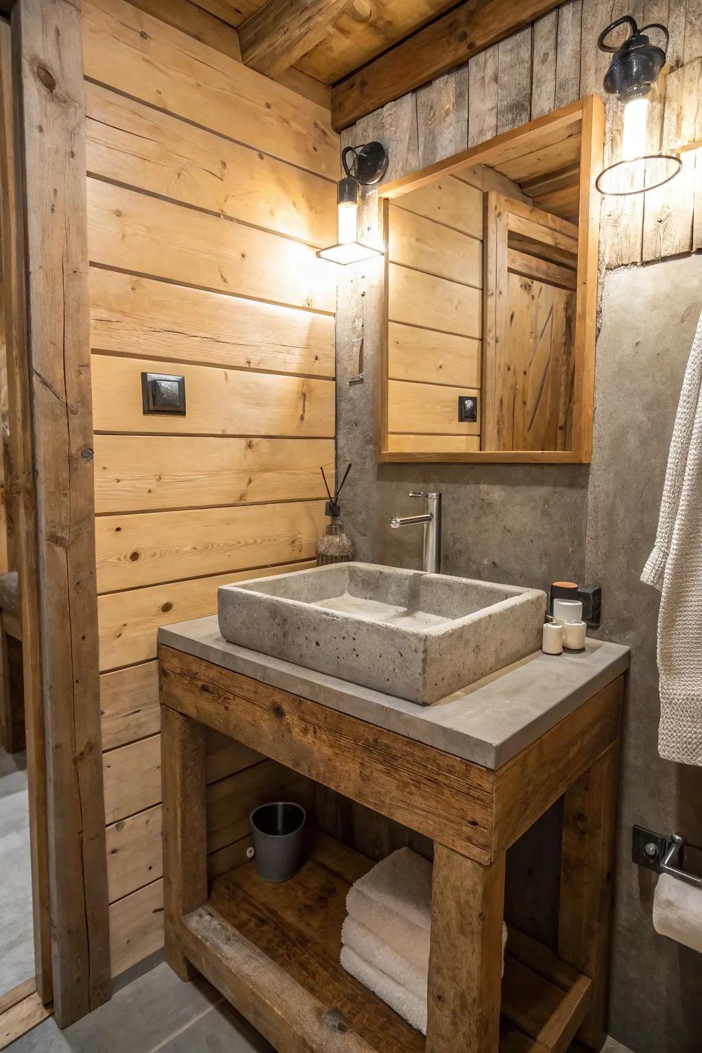 Rustic bathroom featuring a concrete sink with wood accents.