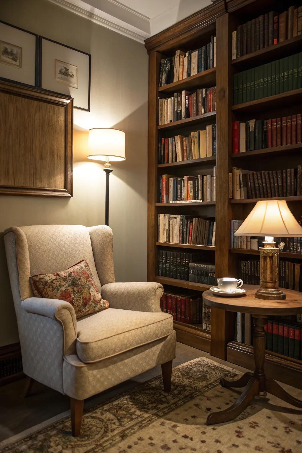 A reading nook offers a peaceful retreat.