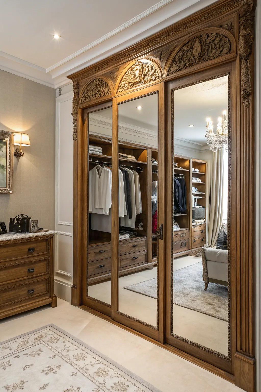Casings introduce a traditional nuance to mirrored doors.