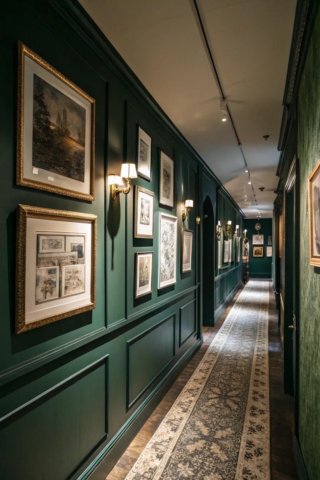 A curated collection of wall art personalizes the forest green hallway.