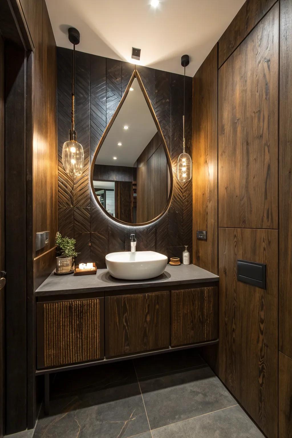 A distinctively shaped mirror enhances the up-to-date allure of dark wood.