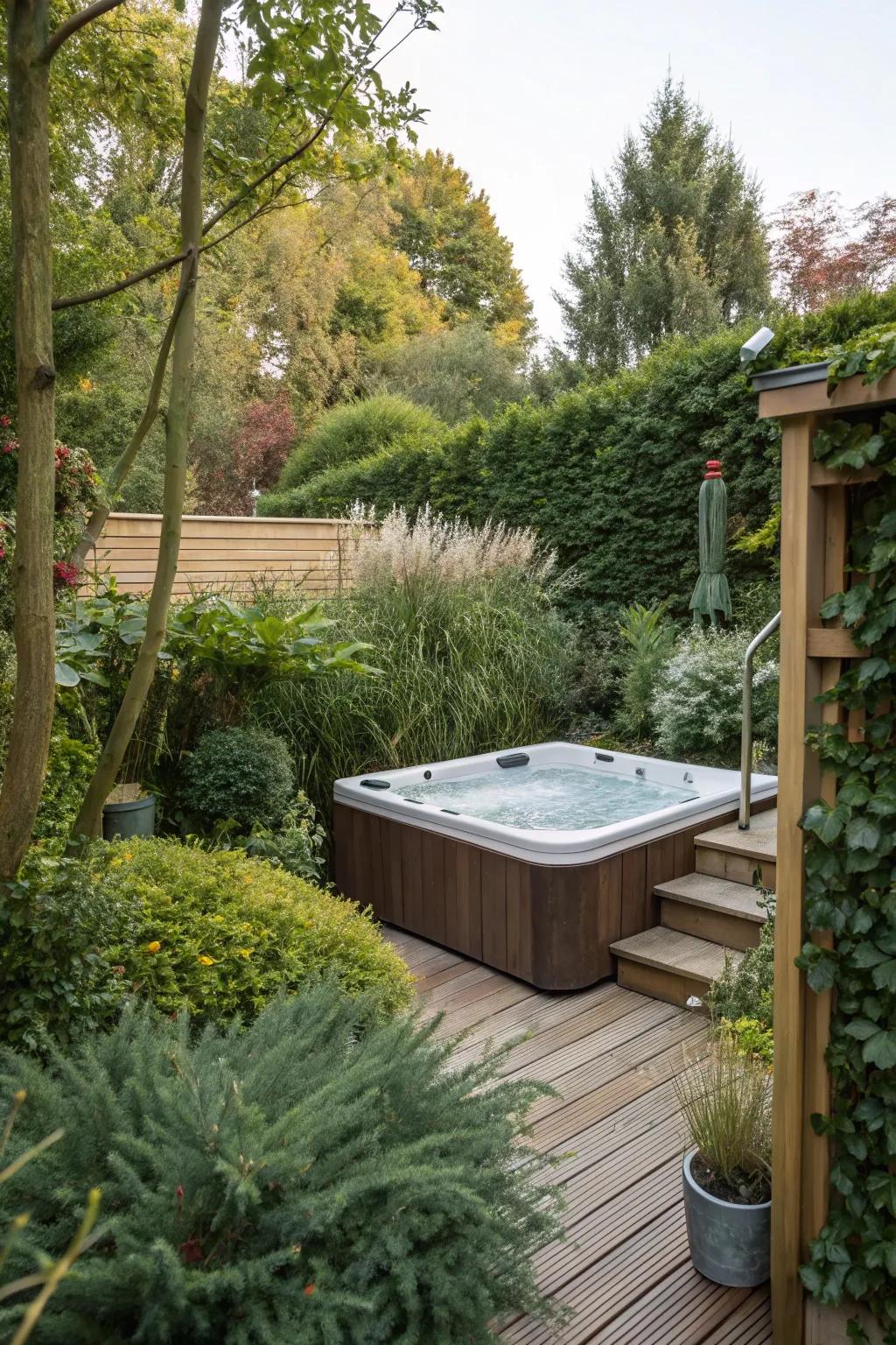 Lush landscaping provides privacy and beauty around the hot tub.