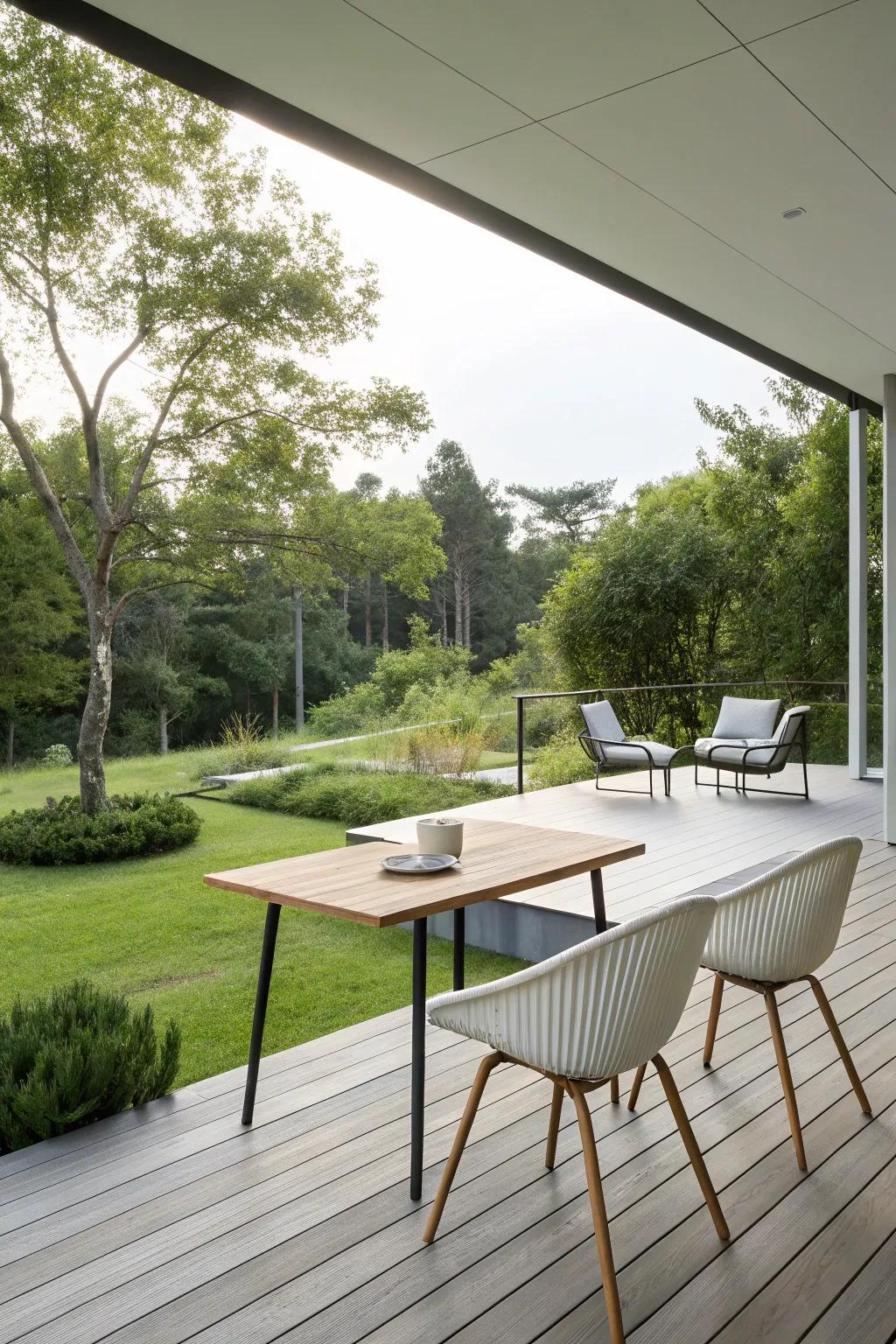 A minimalist deck exudes serenity through its unadorned lines and tranquil setting.